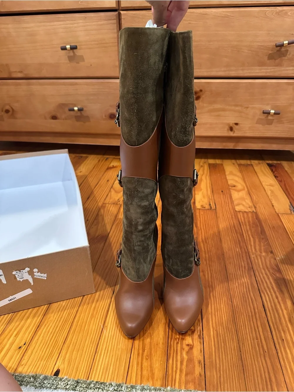 Christian Louboutin Canassone 100 mm Brown Leather & Olive Suede Knee-High Boot
